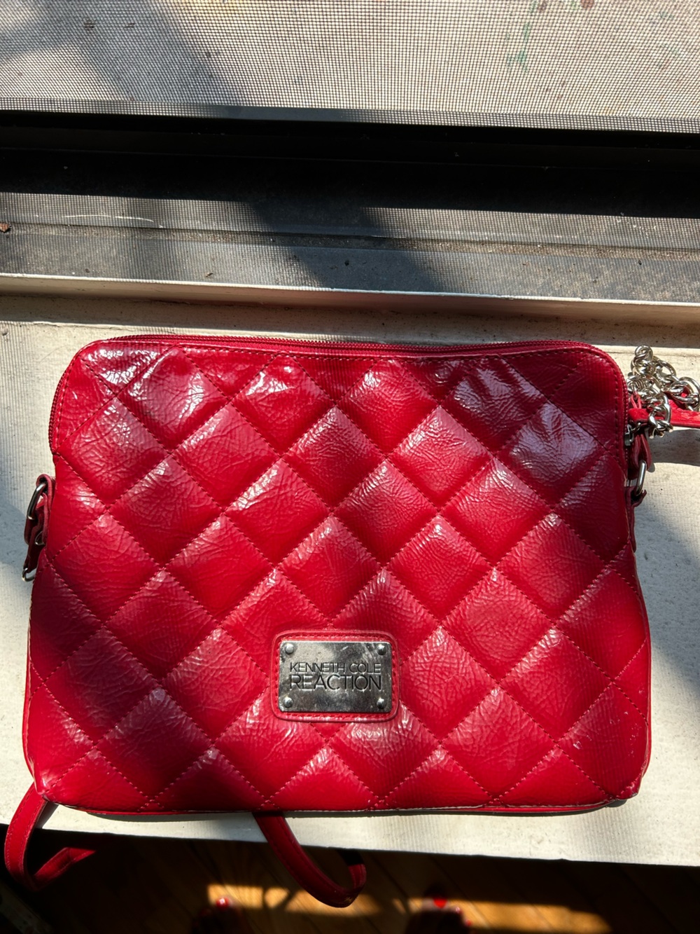 Kenneth Cole Reaction Quilted Red Patent CrossBody Bag with Chain Strap